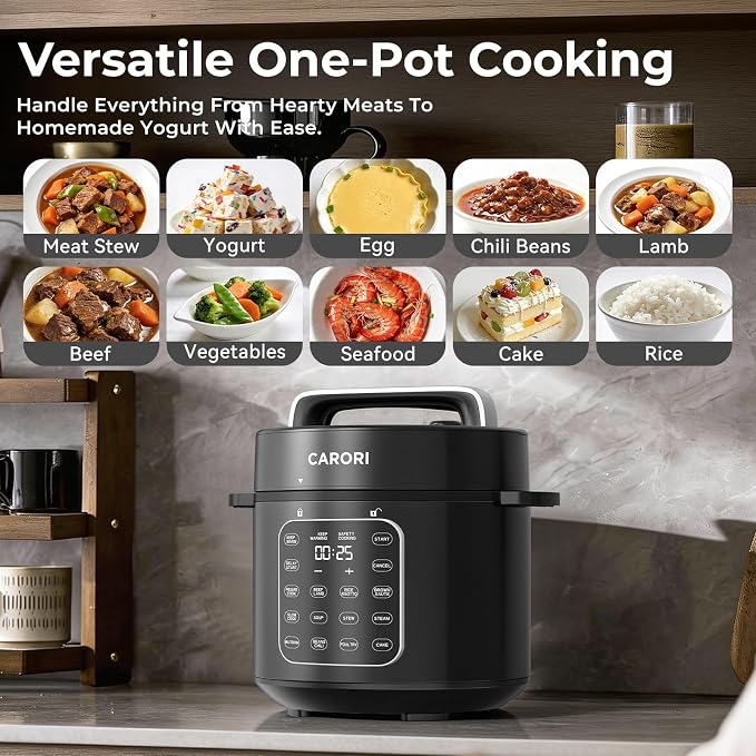 Carori Dual Pot Electric Pressure Cooker, 9-in-1 Multi-Cooker 6 Qt with 2 Inner Pots (Stainless Steel & Nonstick), 12 Programs, Slow Cook, Rice Cook, Steamer, Black