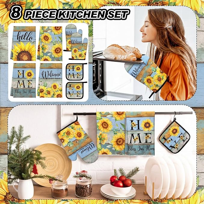 Leinuosen 8 Pcs Farmhouse Sunflower Kitchen Towels and Dishcloths Sets Oven Mitts and Pot Holders Sets Absorbent Kitchen Gloves Potholders Heat Resistant for Chef Baking Cooking