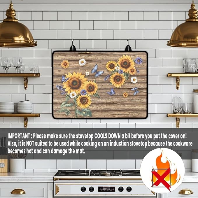 Sunflower Wood Multi-Purpose Stove Top Cover Silicone Thermal Mat for Electric Stove(30"x21") Scratch Resistant Glass Cooktop Protector & Dish Drying Mat