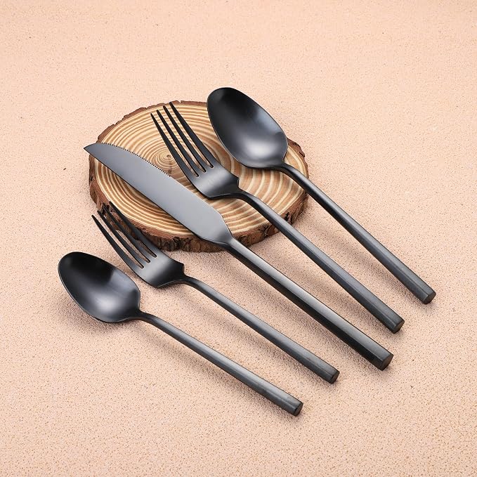 Matte Silverware Set Black Flatware Set with Hexagon Handle 20 Pieces 18/0 Stainless Steel Cutlery Set Wedding Housewarming Gift Service for 4 (Matt black)