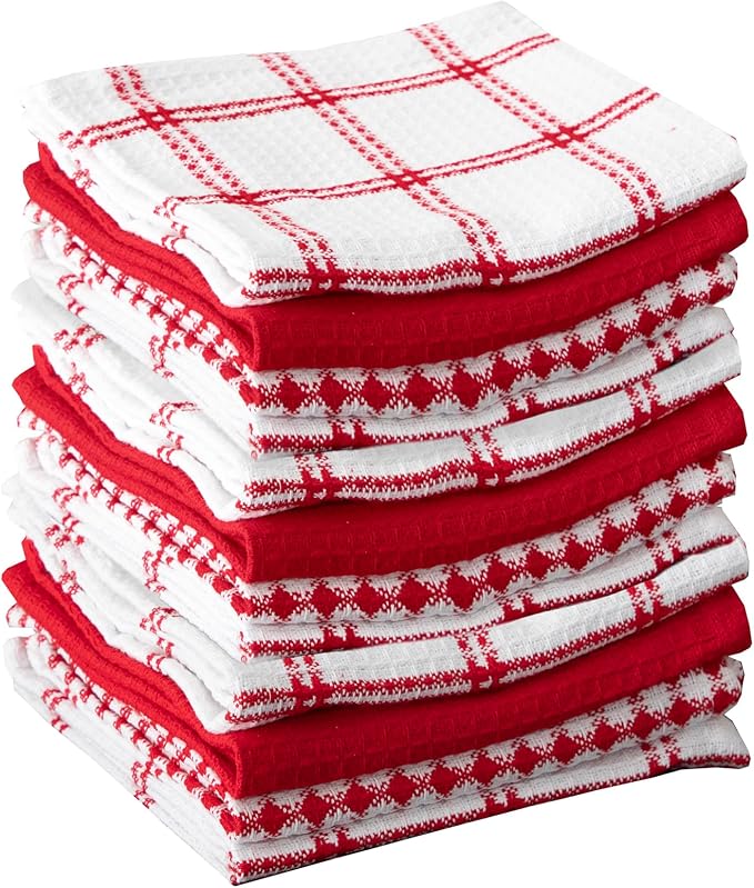 T-Fal Premium Waffle Dish Cloths: Highly Absorbent, Super Soft Long Lasting - 100% Cotton, 12"x13" Towel for Cleaning & Drying, (12-Pack), Red