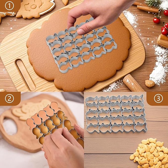 2Pcs Gold Fish Cracker Cutter,Stainless Steels Small Cookie Cutters,25 Cavity Fish Cookie Cutter,Mini Gold Molds for Crackers,Non-stick Dough (2)
