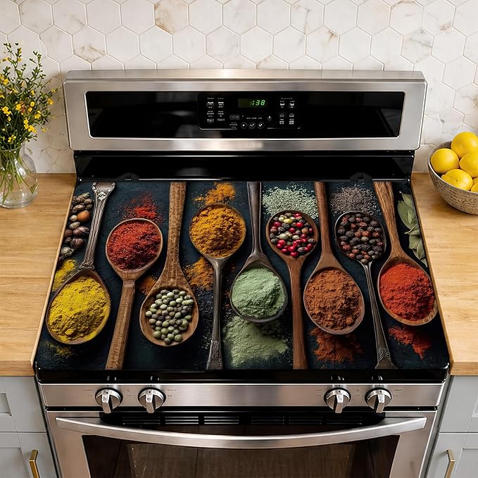 Colourful Various Herbs Electric Stove Top Cover Protector,Spices Glass Flat Top Stove Mat,Heat-Resistant Oven Induction Cooktop Mat for Ceramic Countertop Mats Dish Drying Mat
