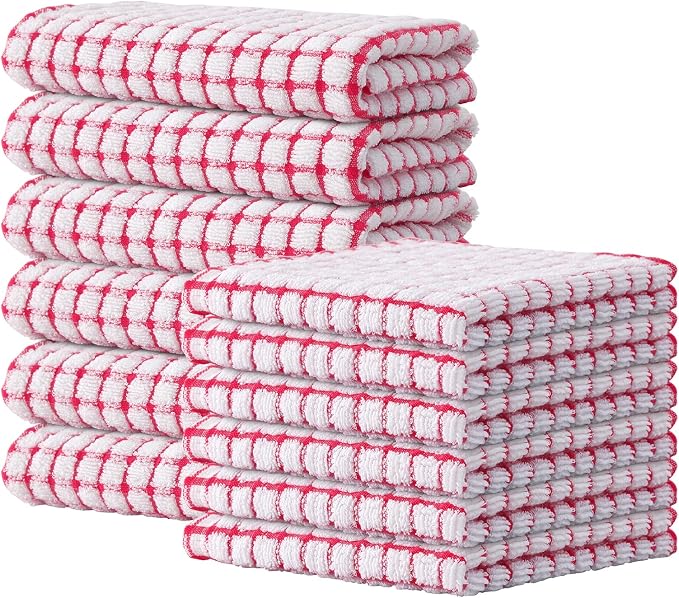 Kitinjoy Cotton 12 Pack Kitchen Towels and Dishcloths Sets, Red | 16 x 25 Inch & 12 X 12 Inch Dish Towels Bulk, Super Soft and Absorbent hand towels for kitchen Drying