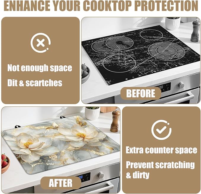 Magnolia flower Stove Top Covers for Electric Stove,Gold Marble Electric Gas Stove Pad Heat Resistant Range Cooktop Protector for Home Decor Kitchen 28"x20"