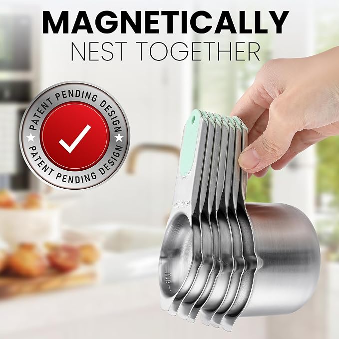 Spring Chef Magnetic Stainless Steel Measuring Cups Set of 7 Patented, Mint | Metal Measuring Cups for Measuring Dry or Liquid Ingredients, Easy to Read Markings, Dishwasher Safe Nesting Magnetic Cups