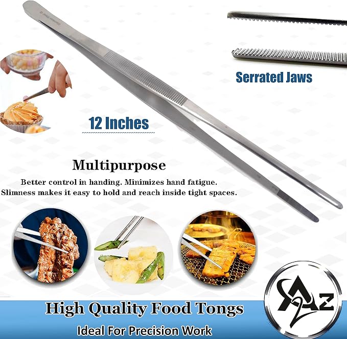 Professional Culinary Stainless Steel Precision Tongs with Serrated Tips, Plating/Food Presentation Detailing Serving Tongs, Chef's Kitchen Tweezer Tongs - Ultra Non-Slip Grip (12 Inch)