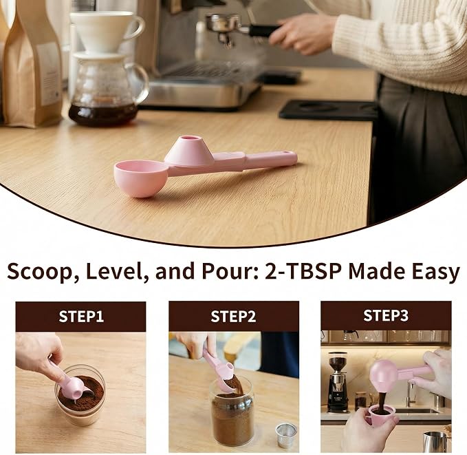 2 Pcs Coffee Scoop with Funnel for Reusable K Cup, 2 TBSP Measuring Spoon | Mess-Free Funnel Design, Sliding Leveler for Precise 2 TBSP, Long Handle for Ground Coffee, Protein Powder & Tea