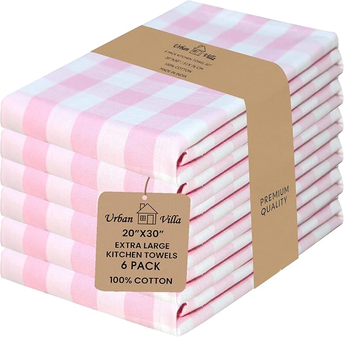 Urban Villa Kitchen Towels Cotton Dish Towels 20”x30” (Set of 6) Pink Wht