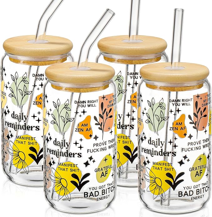 DWTS DANWEITESI Glass Cups with Lids and Straws with Design 4 pcs（Daily Reminder）,Clear Glass Cups 16 oz-Glass Tumbler,Cute Design Glass Iced Coffee Cups Mental Health Positive 480ml