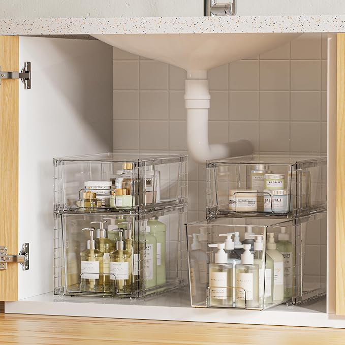 Vtopmart Clear Stackable Storage Drawers, 8 Pack Medium Set | Medium and Small Pull-Out PET Drawers for Consistent Organization, Stackable Storage Solution for Cabinets, Closets, Pantry