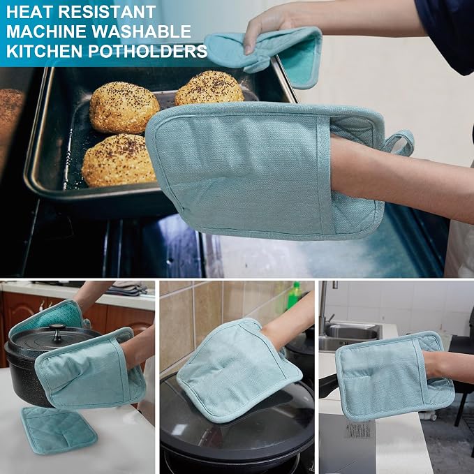 Pot Holders Yarn-Dyed Set of 3 Non Slip Silicone Kitchen Lines | Heat Resistant 500℉ Kitchen Gloves BBQ Baking Women Men Cooking Barbecue Microwave Machine Washable (L-Blue Potholder)