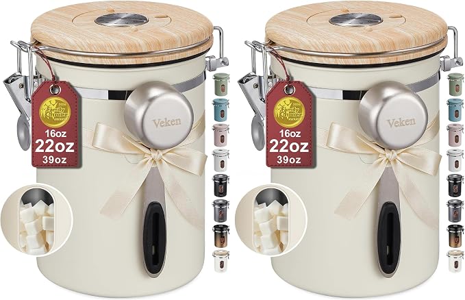Veken Coffee Canister with Window, Airtight Stainless Steel Container, Gifts For Women, Kitchen Food Storage for Beans,Ground,Espresso,Rice,Tea, Sugar, Cereal, Lids,Jars, Scoop, Cream,22OZ (Pack of 2)
