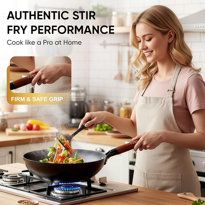 12.6 Inch Carbon Steel Wok Pan with Glass Cover, Pre-Seasoned Nonstick Flat Bottom Wok for Chinese Cooking, Woks & Stir-Fry Pans Cookware, Compatible with Induction, Electric, Gas & Halogen