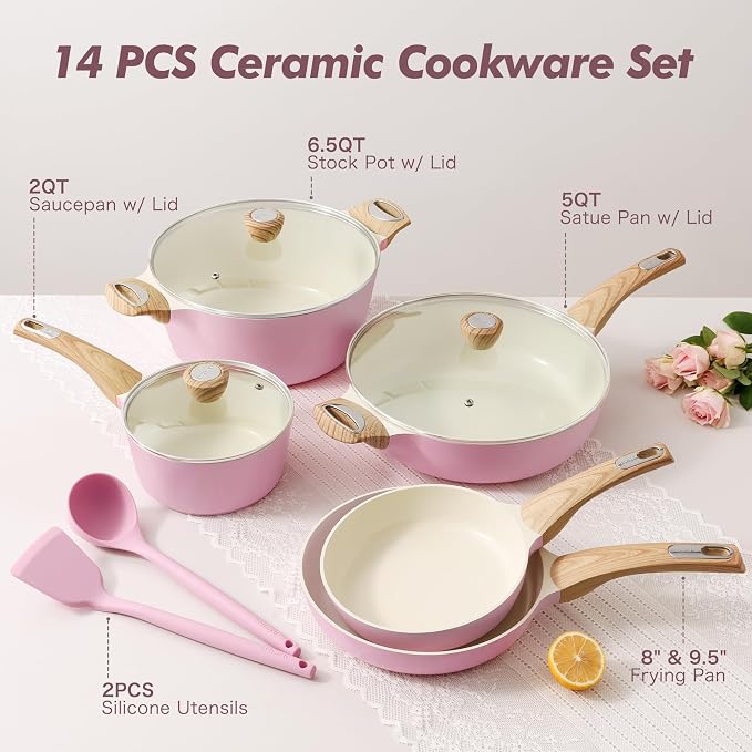 SENSARTE Ceramic Pots and Pans Set Nonstick, Kitchen Cookware Sets, 14-Piece Induction Cookware, Non-toxic Healthy Non Stick Cooking Set, with Frying Pans Set, PFAS PTFE PFOA PFOS Free