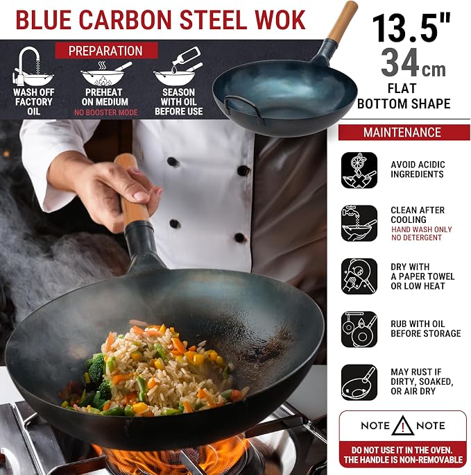YOSUKATA 13.5” Blue Carbon Steel Wok Pan – Pre-Seasoned Flat Bottom Wok Compatible with open fire, gas, electric, ceramic, induction cooktops -Traditional Chinese Pan for Stir Fry, BBQ, Grill, Camping