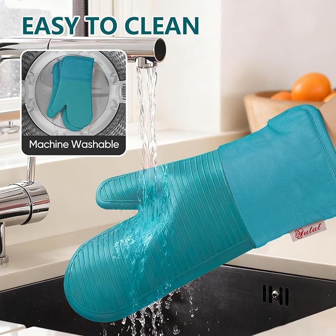 YUTAT Silicone Oven Mitts,High Heat Resistant Up to 500 Degrees,Waterproof Cooking Gloves with Soft Polyester Filling,Kitchen Potholder Set - Perfect for BBQ, Baking and Cooking,Green,2 Pcs Set
