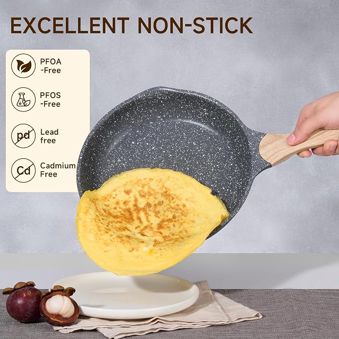 JEETEE 8 & 9.5 & 10 Inch Nonstick Frying Pan Sets for Cooking - Dual Spouts | All Stove Compatible, Easy-Clean, Even Heating, PFOA Free, Cool Ergonomic Handle, Non Stick Fry Pans for Egg Steak Fish,Grey