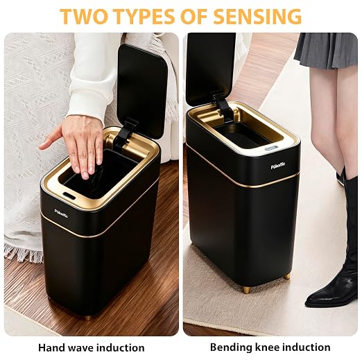Pukomc Motion Sensor Wastebasket,2.3 Gallon Bathroom Trash can with lid | Touchless Smart Plastic Slim Wastebasket,Quiet Close Waste Bin for Bathroom,Office,RV,Bedroom,Living Room