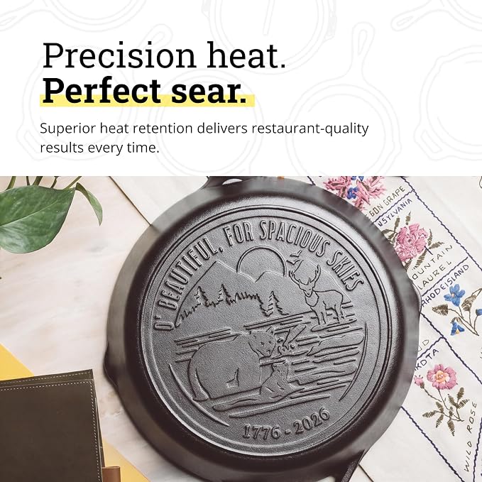 Lodge 12 Inch Cast Iron Skillet – Pre-Seasoned Frying Pan with Teardrop Handle – Oven, Stovetop, Grill & Campfire Use – Made in USA – Non-Toxic, Even-Heating Cookware – 250th Anniversary Logo