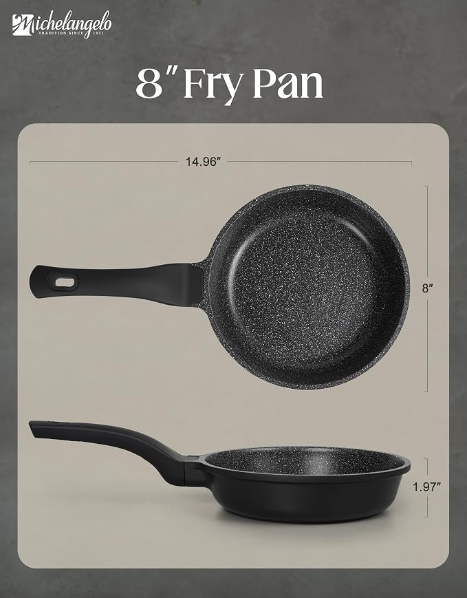 MICHELANGELO Nonstick Frying Pan - 8-Inch Non Stick Small Frying Pan with Silicone Handle | Easy to Clean, All Stovetops Compatible, Durable for Use