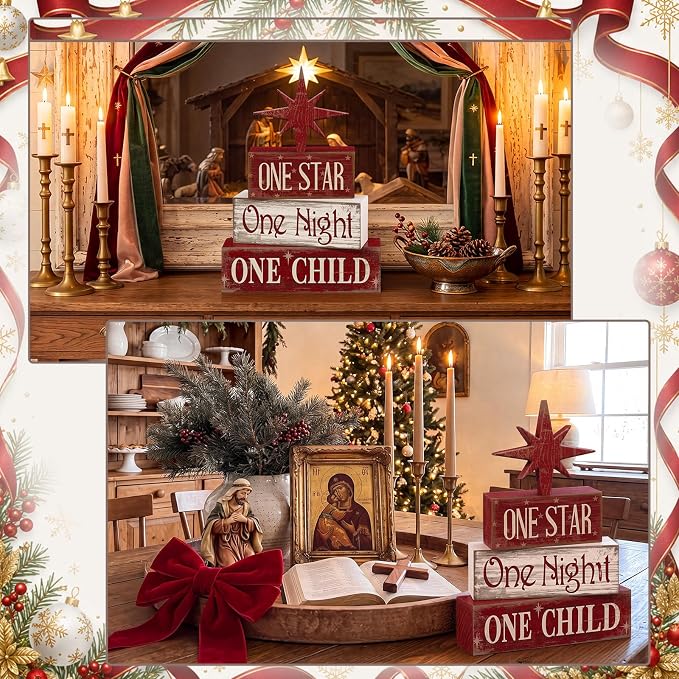Lineshading 4 Pcs Christmas Nativity Table Decor, Bethlehem Star Wood Sign | Red Rustic Christmas Tiered Tray Decor, Nativity Wood Stacked Sign, Tray Kitchen Shelf Home Decor, Holiday Centerpiece
