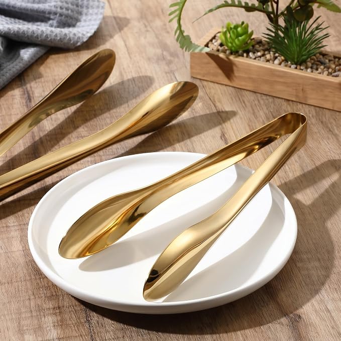 2 Pack Polished Stainless Steel Serving Tongs 9 and 12 Inch Metal Food Gold Tong for Buffet Salad BBQ Grilling Heavy Duty Kitchen Utensils for Cooking Catering Wedding Party