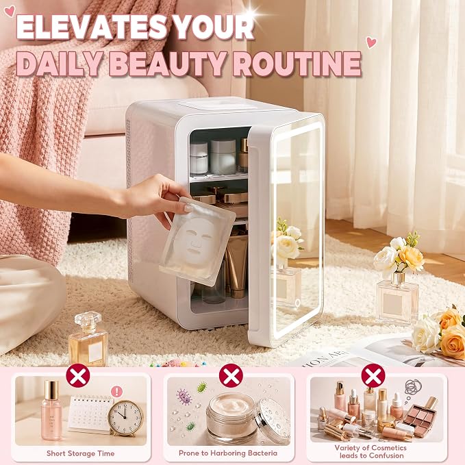 Kikihouse 16L/20L Skincare Fridge with LED Mirror, Small Fridge for Makeup | Portable Skin Care Fridge for Beauty, Cosmetics, Personal Mini Refrigerator for Food, Office, Dorm, Car, Cooler & Warmer