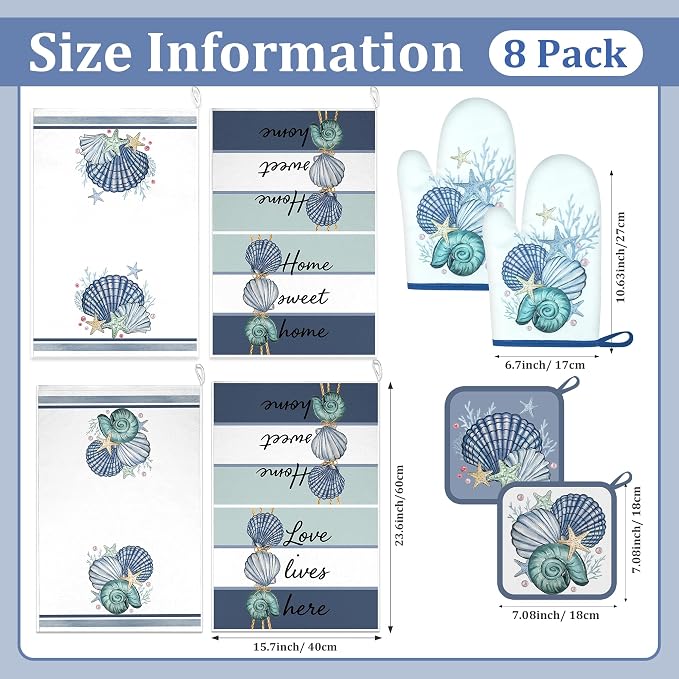 8 Pcs Kitchen Towels Pot Holders and Oven Mitt Set Kitchen Accessories 4 Dish Towels 2 Absorbent Square Potholders 2 Heat Resistant Glove for Cooking Baking Home (Blue(Beach Coastal))