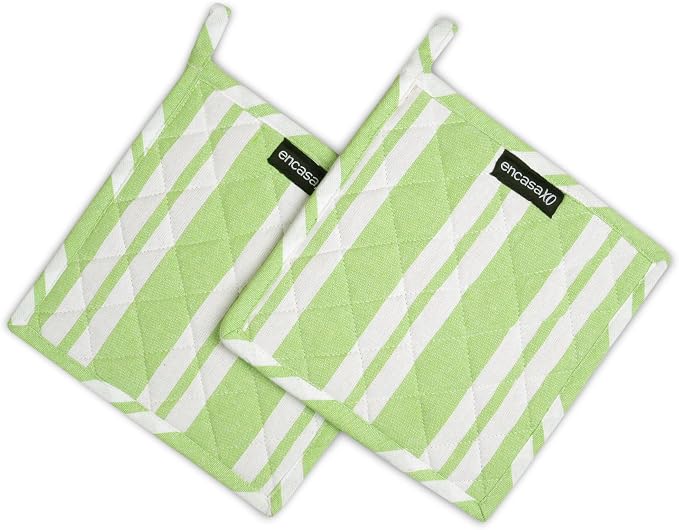 Encasa XO Pot Holders, Quilted Kitchen Hot Pads 8"x8" Franca Lime Stripes | 100% Eco-Friendly Cotton | Thick Cotton Padding Insulation | Convenient Hanging Loop | Set of 2
