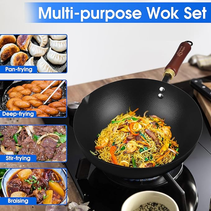 Souped Up Recipes 10 Inch Carbon Steel Wok For Electric, Induction and Gas Stoves (Lid and User Guide Video Included)