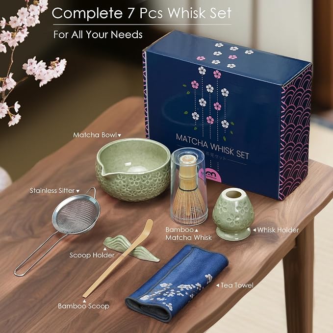 7Pcs Matcha Whisk Set, Matcha Set Whisk and Bowl,Bamboo Scoop, Scoop Rest, Sifter and Tea Towel, Matcha Kit W/Carved Cherry Blossm Pattern for Matcha Lovers (Sakura Green) | Bamboo Scoop, Scoop Rest, Sifter and Tea Towel, Matcha Kit W/Carved Cherry Blo...