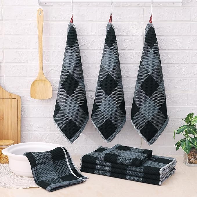 Homaxy Kitchen Towels and Dishcloths Set, Set of 10, Black & Grey | Bulk Cotton Waffle Weave Check Plaid Kitchen Towels, Super Soft and Absorbent Dish Cloths, 12 x 12 and 13 x 28 Inches