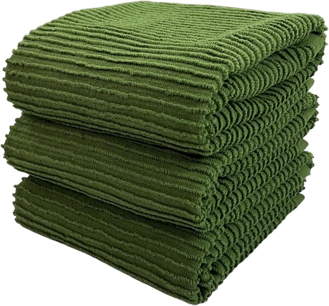 Avocado Forest Green Kitchen Dish Towels, Set of 3, 100% Cotton, 18" x 28" | Terry Loop Ribbed Textured, Soft & Absorbent Cleaning Cloth, Quick Dry, Multipurpose for Everyday Use