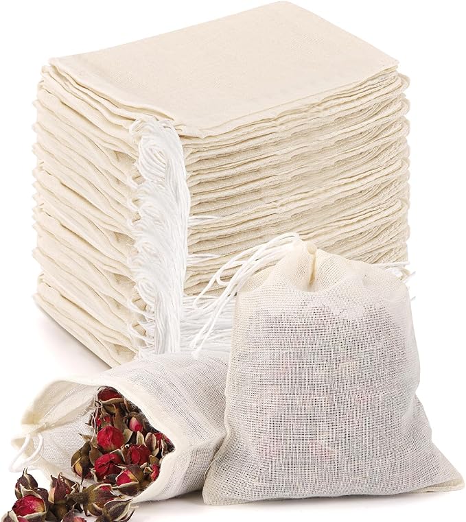 100Pcs Muslin Bags with Drawstring, 3x4 Inch Reusable Empty Tea Bags, Spice Herb Sachet Bag for Cooking Soups, Natural Cotton Unbleached Cheese Cloth Bag for Straining