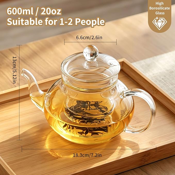 Glass Teapot with Removable Infuser, 20 oz/600ml Glass Tea Pot Small Borosilicate Tea Steeper Kettle with Loose Leaf Tea Strainer For Flower Blooming Tea, ClearTea Maker Pitcher