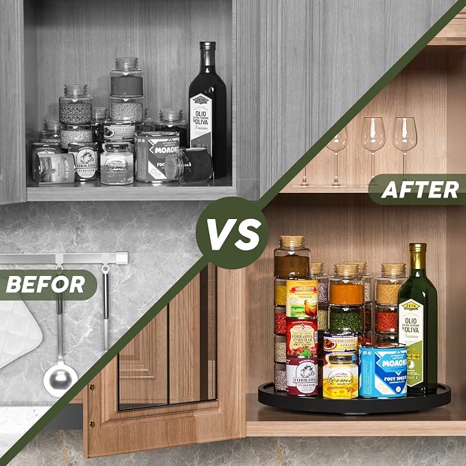 Lazy Susan Organizer, 13.2 Inch Non-Skid Bamboo Turntable | Kitchen Table Cabinets Closets and Kitchen Islands, Wood Turntable for Kitchen Countertop Organizer, Black