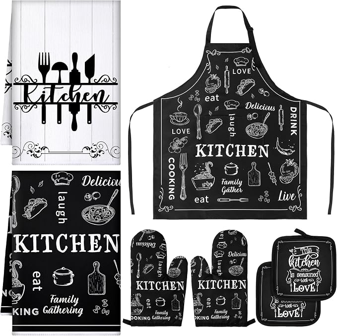 7 Pcs Kitchen Towels Oven Mitt and Pot Holder Apron Kitchen Decor Birthday Party Gifts (Cooking Meal Theme)