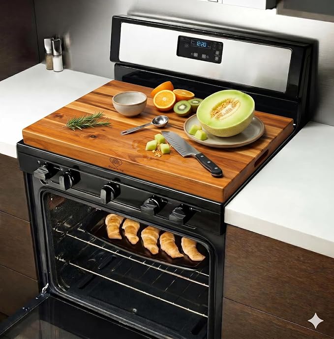 29.5x21.6 Teak Wood Stove Top Covers for Gas & Electric Stove with Handles | Noodle Board Stove Cover Tray for Counter Space, Cutting Board with Juice Groove