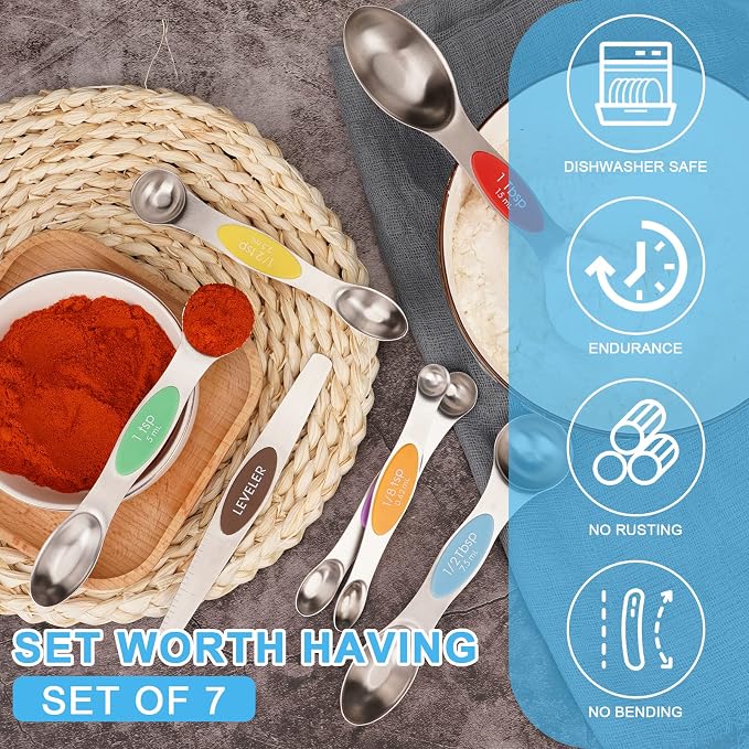 Aovchei 7 PCS MultiColor Magnetic Measuring Spoons Set | Dual Sided, Stainless Steel Small Tablespoon, Teaspoons, Fits in Spice Jars, for Dry and Liquid,