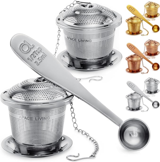 Tea Infuser Set of 2 with Tea Scoop & Drip Trays - 304 Stainless Steel Ultra Fine Mesh Loose Leaf Tea Strainer, Reusable Tea Steeper Basket for Rooibos, Green, Black, Herbal & Oolong Tea, etc
