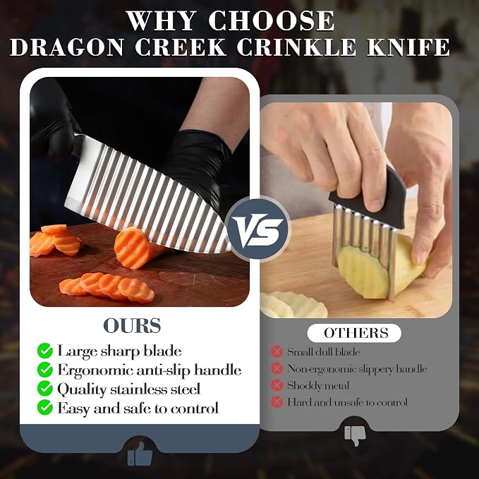 Dragon Creek Crinkle Cutter Knife - Wavy Chopper Potatoes | Crinkle Wave Fry Cutter for Vegetable Fruits Fun Carrot Chip Slicer Thanksgiving Gift Idea Stainless Steel