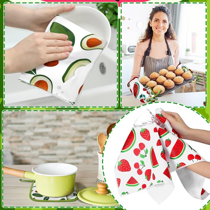 Fourluoo 10 Pcs Fruit Kitchen Decor Set Kitchen Towels Rugs Oven Mitts and Pot Holders Set for Women Mom Gift Cooking Baking Grilling