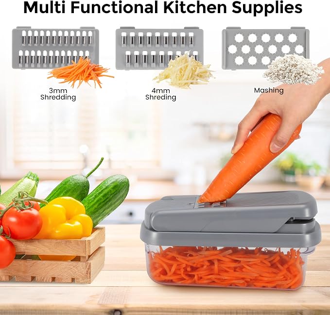 Yusshn Vegetable Chopper, 12-in-1 Food Veggie Chopper Cutter with Container | 7 Sharp Blades Dice, Slice, Shred and Grate for Salads, Onions and Meal Prep, with a Non-Slip Base and Drain Basket