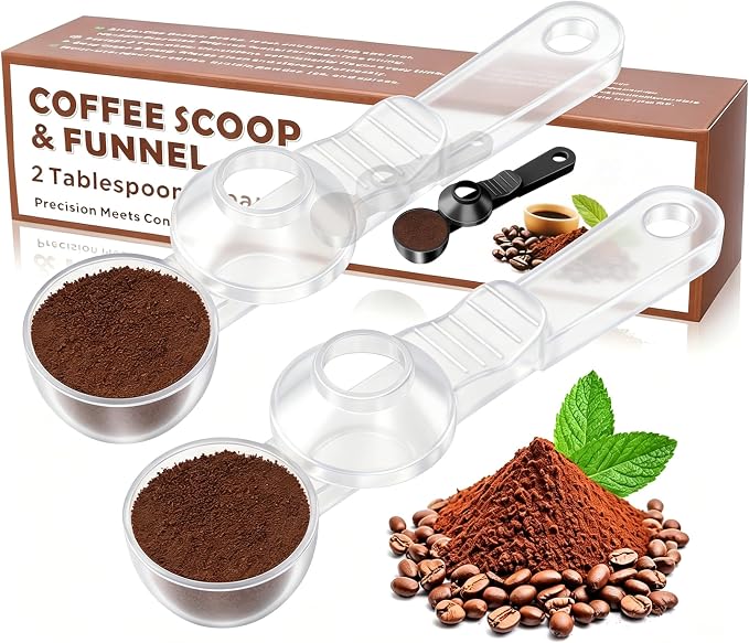 2-in-1 Coffee Scoop with Funnel, 2 Tbsp Measuring Spoon for Reusable K Cups, Ground Coffee, Protein Powder & Tea, Mess-Free Plastic Design（Transparent-2pack）