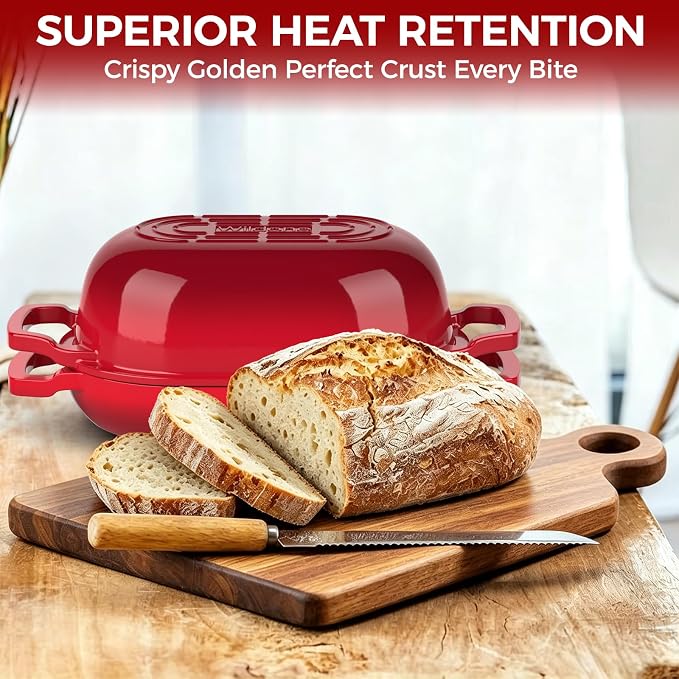 Wildone Enameled Cast Iron Dutch Oven Pot with Lid, Oval Bread Oven | Loaf Cast Iron Bread Pan for Homemade Bread Baking, Meatloaf Pan with Lid, 5.5QT, Red
