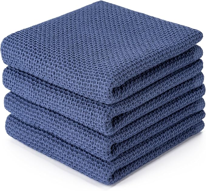 BOOMIBOO 4-Pack Dish Towels,100% Cotton Waffle Weave,13x28 in,Navy Blue | Ultra Soft Absorbent, Quick Drying