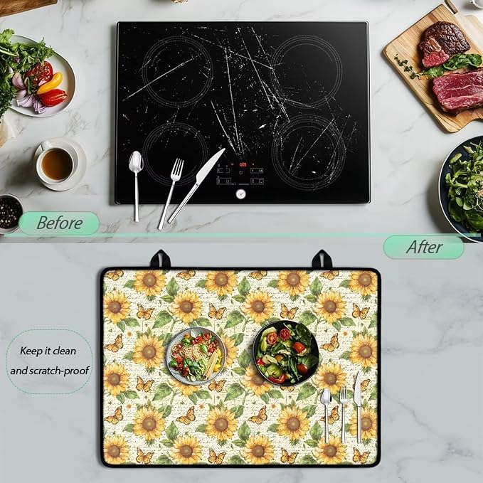 Sunflower Butterfly Stove Top Cover for Electric Stove, Glass Ceramic Stove Top, Heat Resistant Cooktop Cover Dish Drying Mats