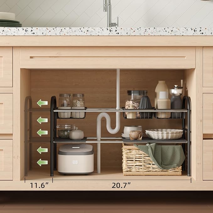 Under Sink Organizers and Storage,Expandable under cabinet organizer Shelf | 2 tier expandable shelf for kitchen,bathroom,4 Removable ABS Panels and 4 Baskets,Adjustable partition height,20.7-32.3" W
