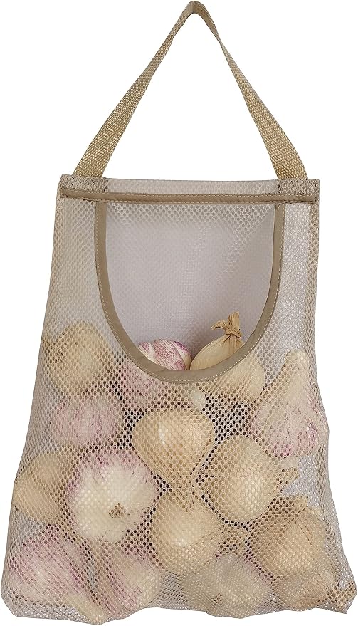 5 Pack Hanging Mesh Storage Bags Potatoes Bag Onion Mesh Garlic Net Long and Large Reusable Net Storage Produce Bags for Kitchen Reusable Grocery Bags (Top opening beige)